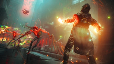 In Control, a person shoots fire from their hand at a monstrous red creature in a rainy city