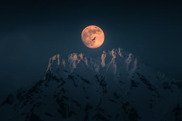 A golden eagle in dark silhouette in front of an orange full moon above a snow-capped mountain peak