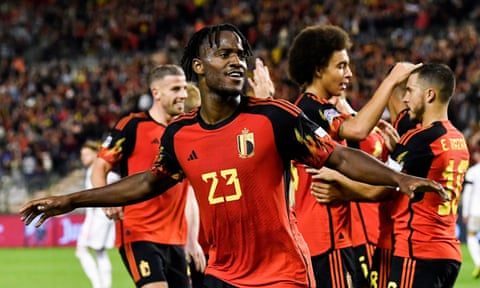 Belgium forward Michy Batshuayi celebrates after scoring against Wales