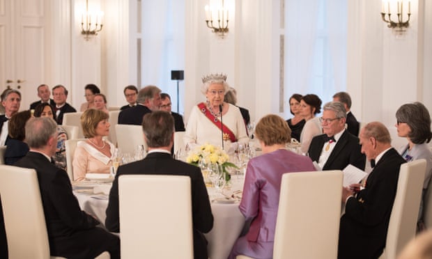 Queen Elizabeth II speaks during a state banquet in her honour in Berlin.