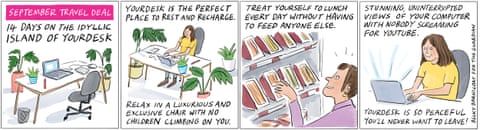 A series of cartoon images of someone enjoying quiet time at their work desk., panel 1