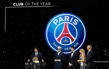 Paris St Germain president Nasser Al-Khelaifi makes a speech after winning the 2025 Ballon d'Or men's club of the year award.