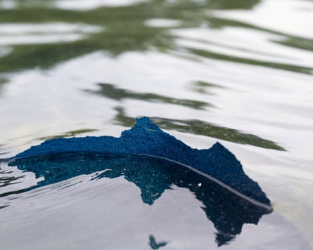 A chunk of blue paint floats on the surface of the reflecting pool