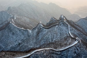 Beijing, China: Aerial view of Jiankou Great Wall covered by snow