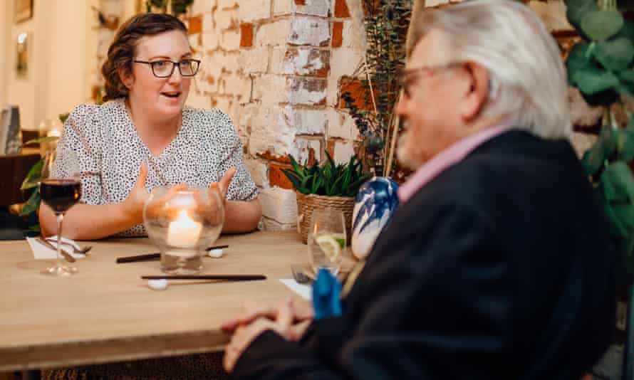 Alex Williams (31) and Robert Jones (69) sit down for dinner at the Smoking Lobster restaurant. Cowes, Isle of Wight, UK. 9th September 2021.