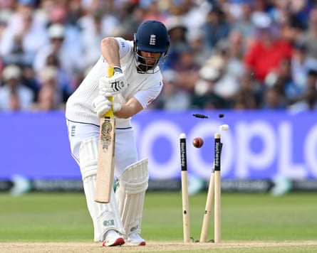 Ben Duckett’s stumps are splayed by Akash Deep, leaving England 30 for two.