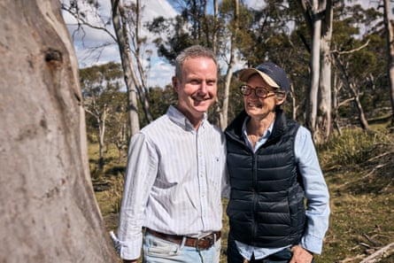 Midlands Conservations Partnership Tasmania Farmers Simon and Penny Foster, who own land in the Tasmanian Midlands that they have set aside for the Midlands Conservation Partnership.
