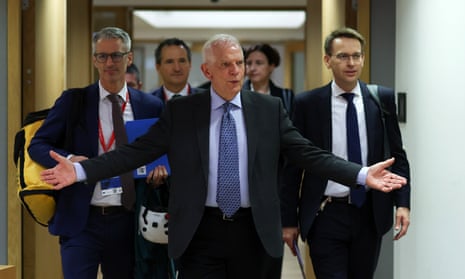 The EU foreign policy chief, Josep Borrell, gestures at the start of a European foreign ministers council meeting in Brussels, Belgium.