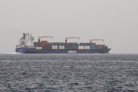 A commercial vessel passes through an international shipping lane off Yemen’s Hanish Island in the Red Sea.
