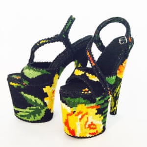 Platform shoes by Swedish designer Ulla-Stina Wikander, who covers 1970s household objects in second-hand cross-stitches