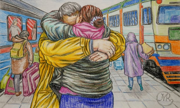 Parting sorrow: Marka Royal’s painting, Impossible to stay/leave 04/18/2022. Shows a couple embracing on a railway platform