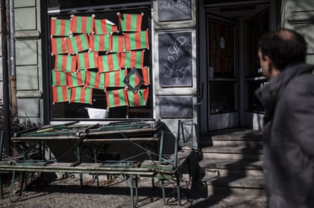 Chairs and tables outside a closed restaurant in Berlin