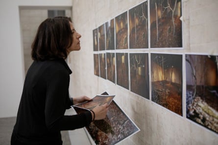 A woman with dark hair putting prints up in a gallery