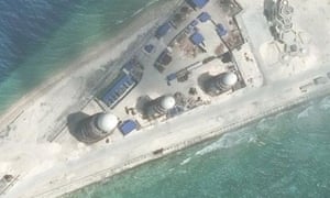 Chinese construction is shown on Fiery Cross Reef, in the Spratly Islands, in the disputed South China Sea in a photo taken in 2017.