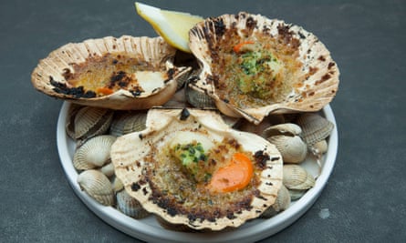 ‘Drenched gleefully in wild garlic-flecked butter’: scallops.