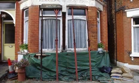 Palmer’s Green north London Edwardian terrace house brick bay being held up by props due to subsidence