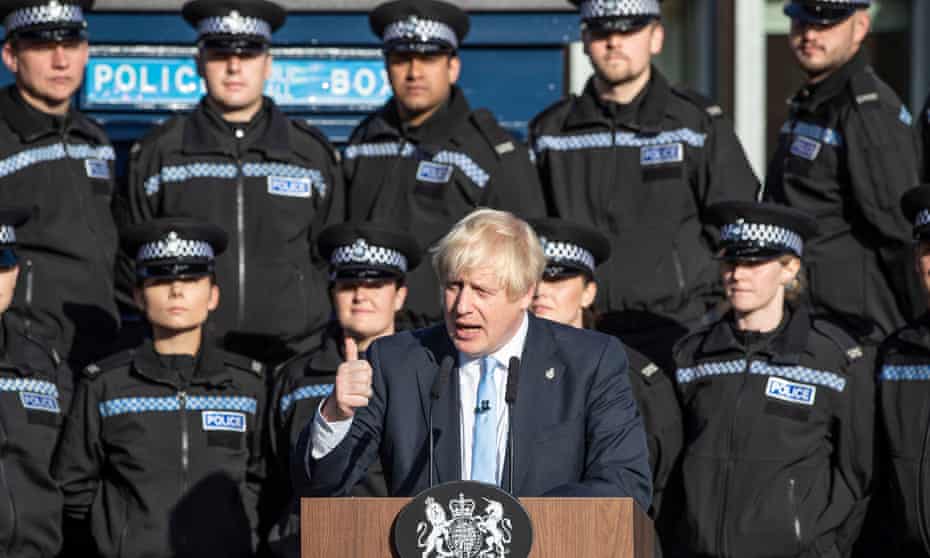 Boris Johnson making a speech in front of police in West Yorkshire.