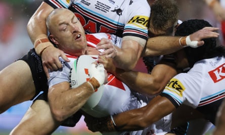 James Roby is tackled against Penrith Panthers this month