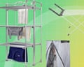 A composite image shows a tiered clothes airer, a folding rack, and a heated drying pod with laundry