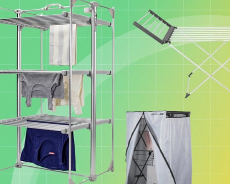 A composite image shows a tiered clothes airer, a folding rack, and a heated drying pod with laundry