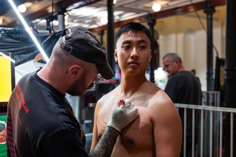 Will gets the stencil for his tattoo applied by his artist, Ben Hastings.