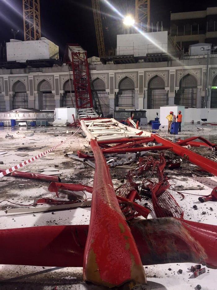 A massive construction crane crashed into the Grand Mosque in stormy weather, killing at least 87 people and injuring 184.