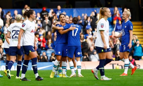 Chelsea's Guro Reiten celebrates scoring their third goal in the win over Tottenham