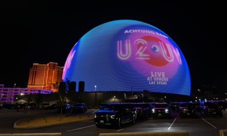 The Sphere in Las Vegas, a vast spherical building whose entire surface is covered by a glowing digital screen
