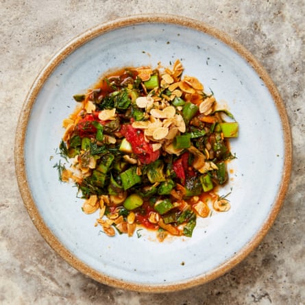 Yotam Ottolenghi’s tomato, chard and spinach with fried almonds.