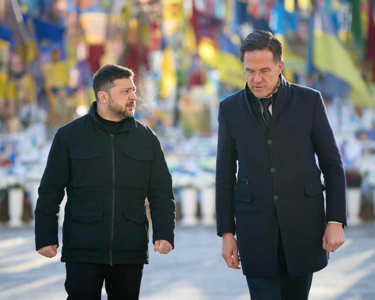 The Nato chief Mark Rutte, right, attends a commemorative ceremony in Kyiv with Ukraine’s president, Volodymyr Zelenskyy in February.