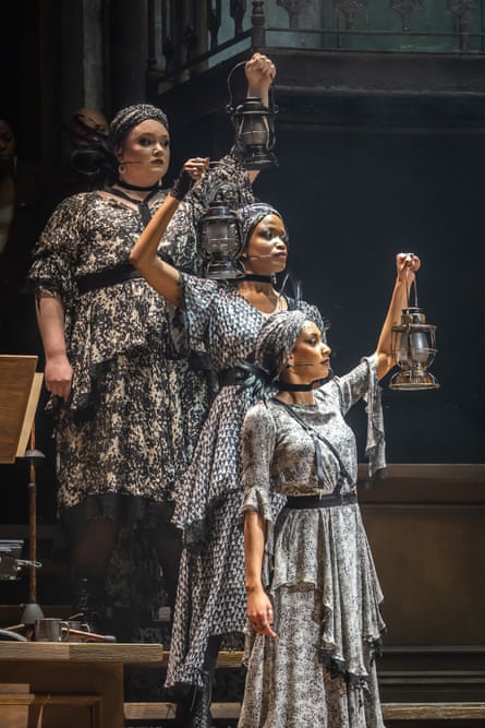 Accomplished Fates … (from left) Allie Daniel, Madeline Charlemagne and Bella Brown in Hadestown.
