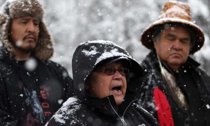 Unist’ot’en Chief Doris Rosso speaks to supporters of the anti-pipeline camp and Wet’suwet’en people at a checkpoint near Houston, British Columbia.