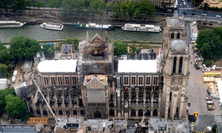 An aerial picture taken in June last year showing the damage to Notre-Dame in Paris, including the loss of its 19-century spire.