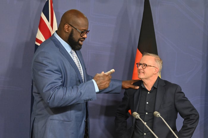 Shaq and Anthony Albanese at a press conference in Sydney