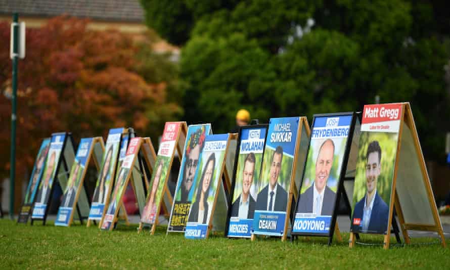 Election signs outside an Australian Electoral Commission early voting centre in Melbourne.