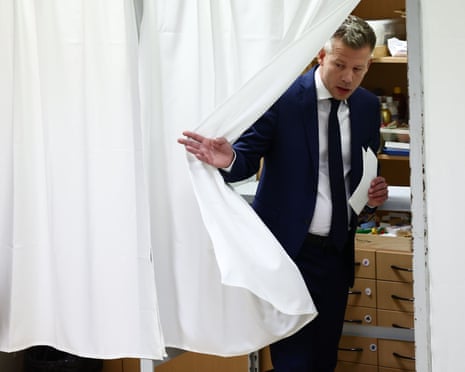 Tisza Party candidate for Hungarian prime minister Péter Magyar votes in the parliamentary election in Budapest, Hungary.