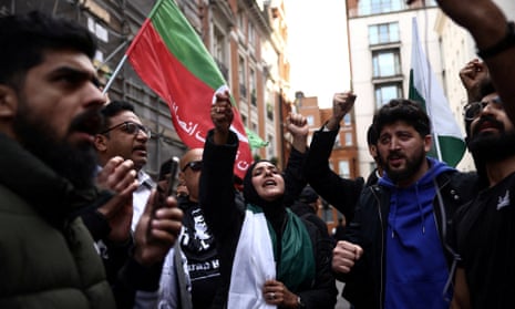 Supporters of Pakistan’s former prime minister Imran Khan protesting against his arrest in May, outside a luxury apartment block in London linked to his rival Nawaz Sharif.