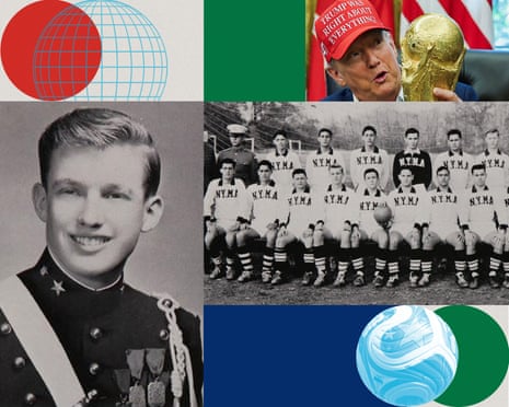 A collage showing a Japanese flag design, Donald Trump with a trophy, a young man in military uniform, a soccer team photo, and soccer balls