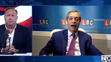 A split-screen interview between Alex Jones and Nigel Farage