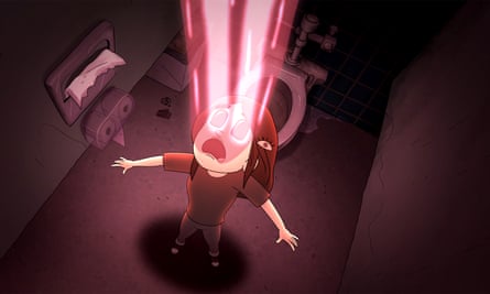 Chrissy (voiced by Lucy DeVito) in toilet with beams of pink light coming from her eyes.