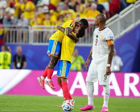 Jhon Arias celebrates scoring the opening goal for Colombia against Ghana in Kansas City.