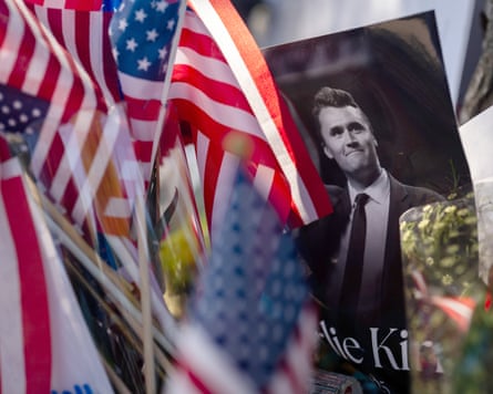 A memorial for Charlie Kirk outside Wheeling high school in Wheeling, Illinois.
