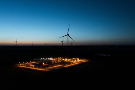 A windfarm outside Montevideo seen at dusk.