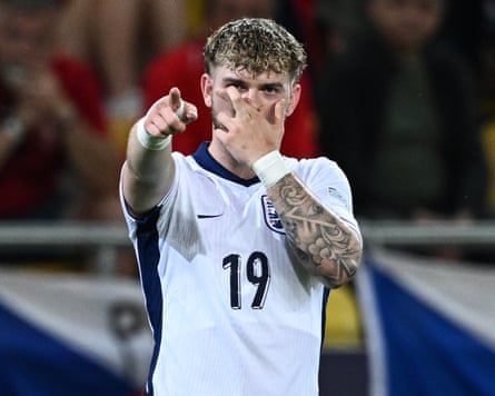 Harvey Elliott celebrates after opening the scoring in England’s victory over Czech Republic at the European Under-21 Championship 2025.