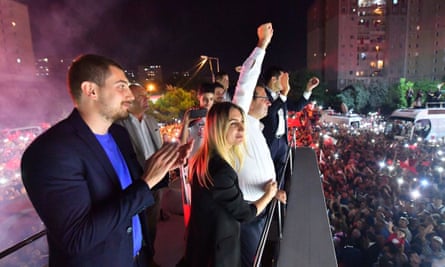 Ekrem İmamoğlu celebrates in front of thousands of supporters in Istanbul