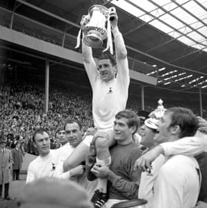 Greaves got his second FA Cup winner’s medal in 1967 when Spurs beat Chelsea 2-1. Tottenham captain Dave Mackay holds the trophy aloft, carried by (left to right) Greaves, Alan Gilzean, Pat Jennngs, Terry Venables and Jim Robertson