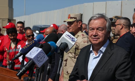 The UN secretary-general, António Guterres, visits the Rafah border crossing between Egypt and the Gaza Strip