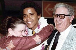 Obama’s high school graduation in Hawaii in 1979, with his grandparents, Madelyn (known as Toot) and Stanley Dunham, who raised him through high school