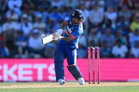 Ishan Kishan of India slaps a six during the International T20 match between England and India at the Utilita Bowl, Southampton.
