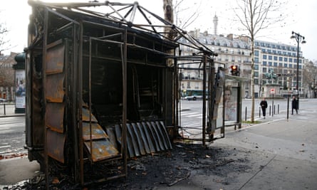 A burned out newsstand in Paris on Sunday, the day after clashes during a national day of protest by the gilets jaunes